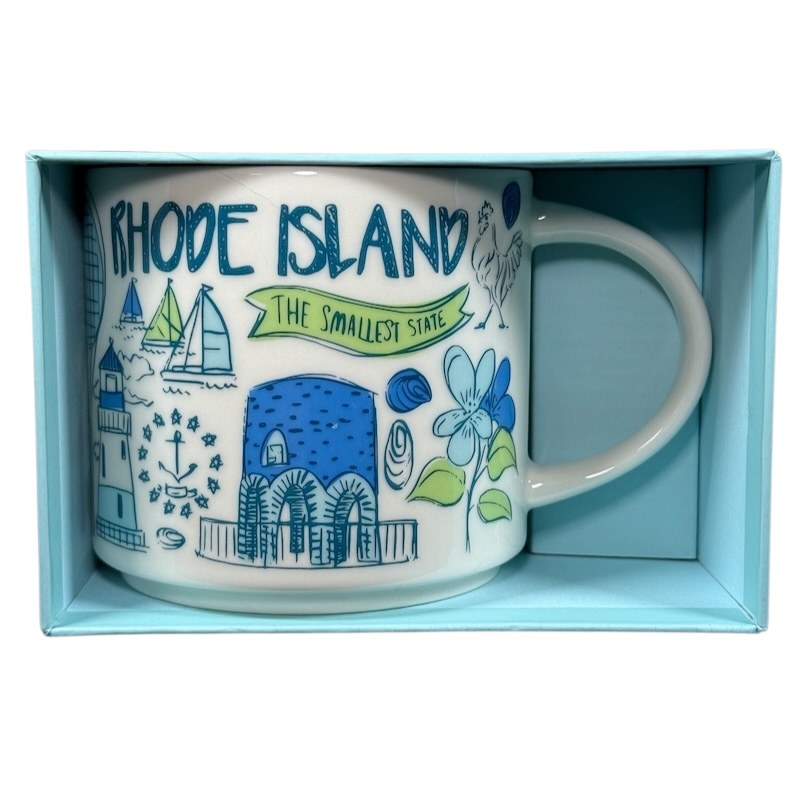 Starbucks Been There Series Rhode Island mug featuring local landmarks and blue green illustrations