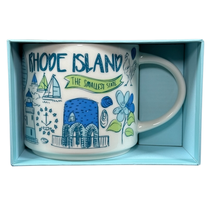 Starbucks Been There Series Rhode Island mug featuring local landmarks and blue green illustrations