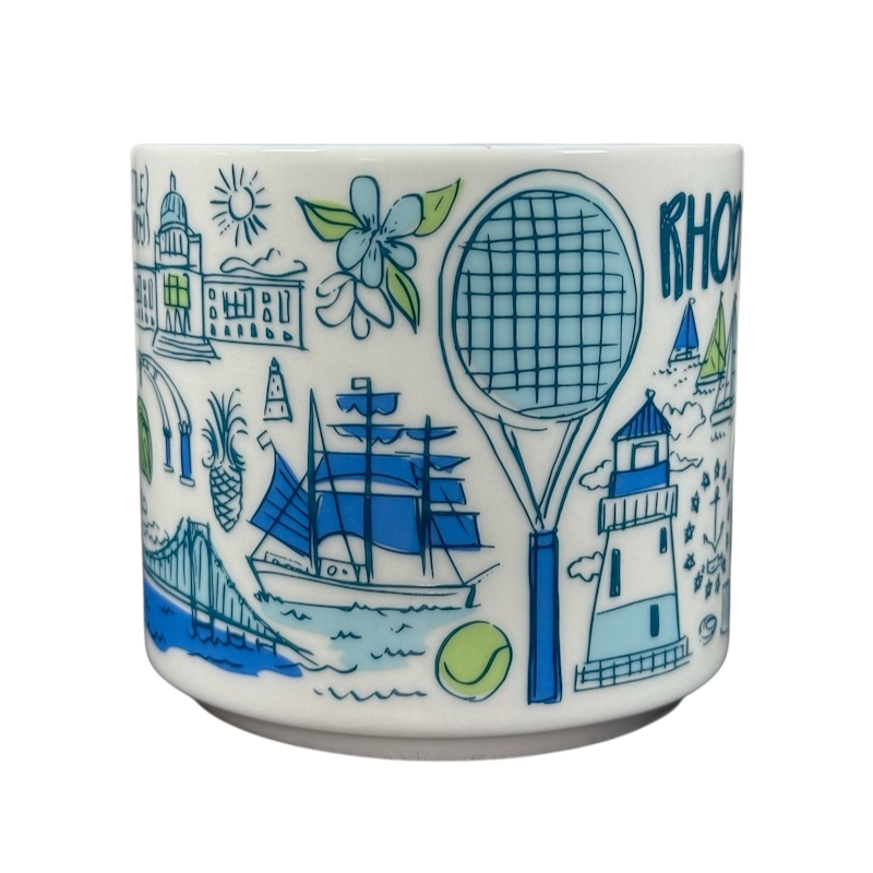 Starbucks Been There Series Rhode Island mug featuring colorful illustrations of state landmarks and symbols