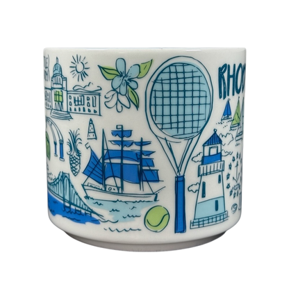 Starbucks Been There Series Rhode Island mug featuring colorful illustrations of state landmarks and symbols