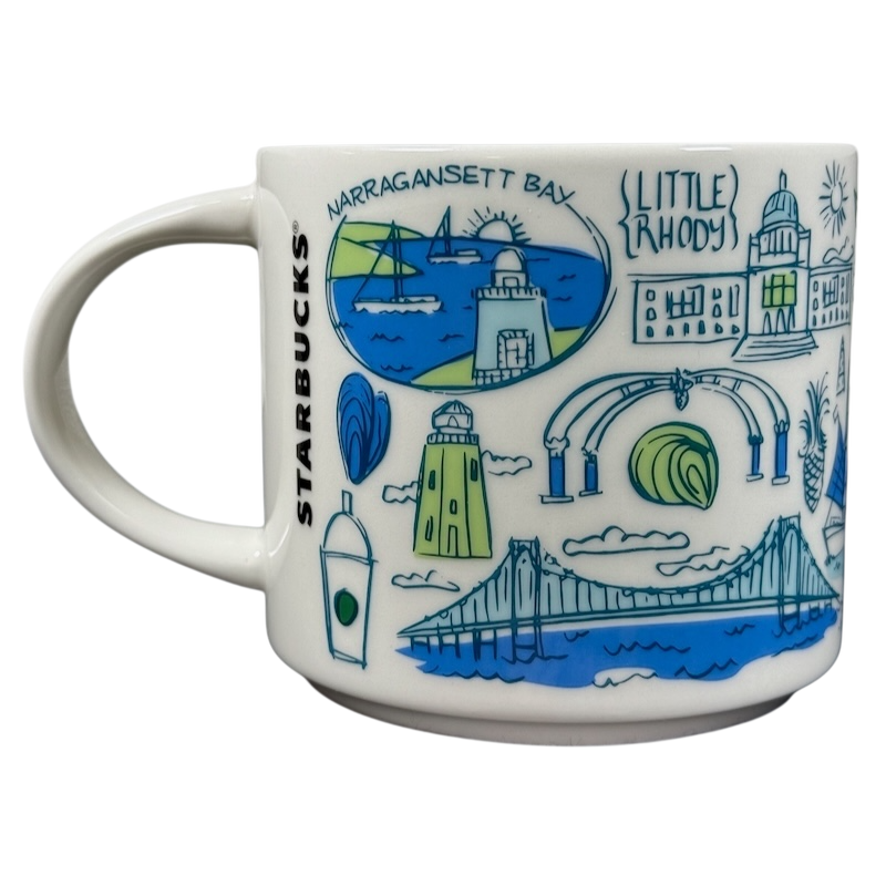 Starbucks Been There Series Rhode Island mug with colorful illustrations of local landmarks and Narragansett Bay