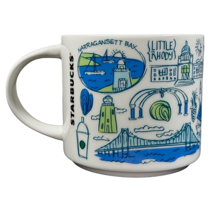 Starbucks Been There Series Rhode Island mug with colorful illustrations of local landmarks and Narragansett Bay