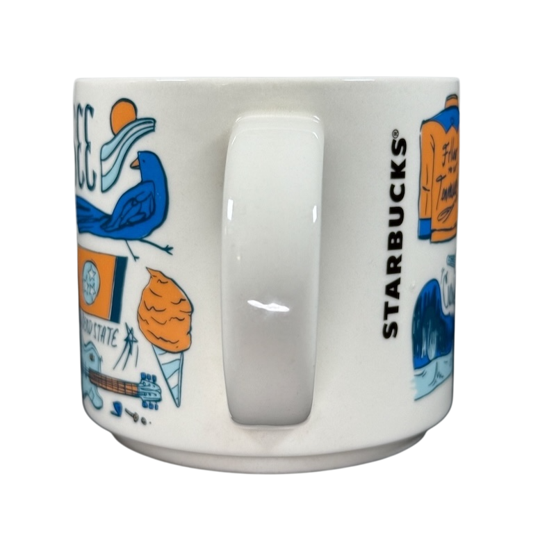Starbucks Been There Tennessee mug with illustrated Tennessee-themed designs in blue and orange