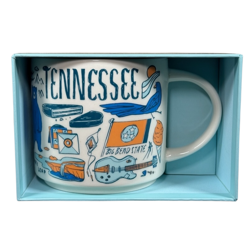 Starbucks Been There Tennessee mug featuring state-themed illustrations and landmarks in a blue gift box