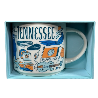 Starbucks Been There Tennessee mug featuring state-themed illustrations and landmarks in a blue gift box