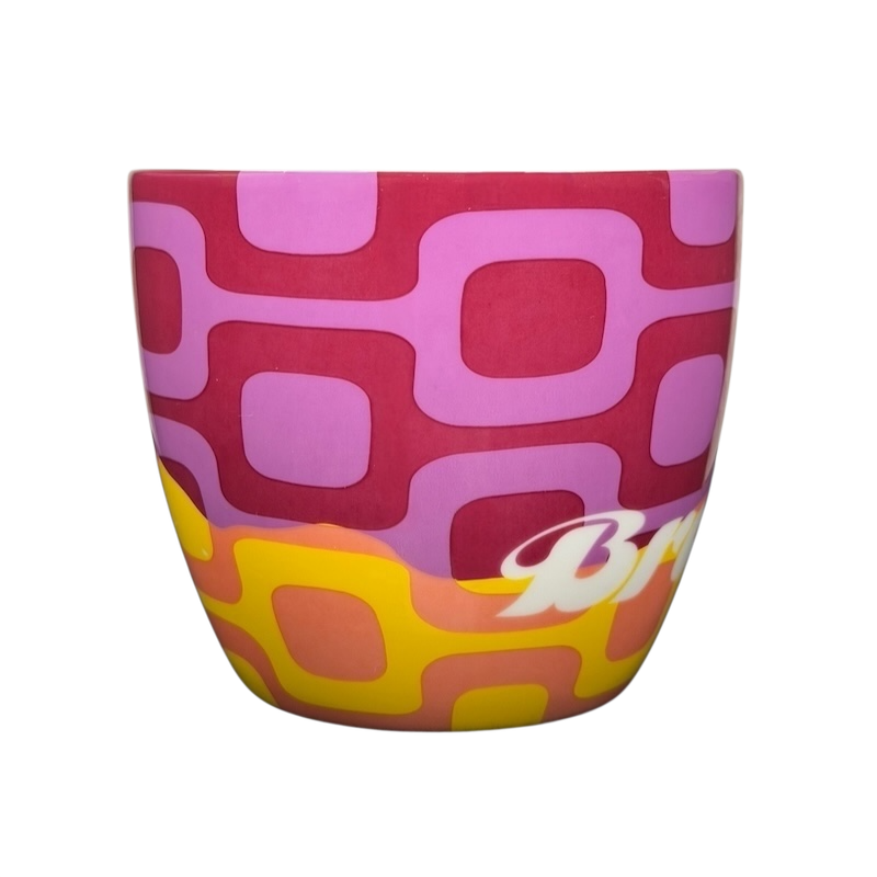 Starbucks Brasil retro vintage mug 2012 featuring a colorful geometric design in pink and yellow