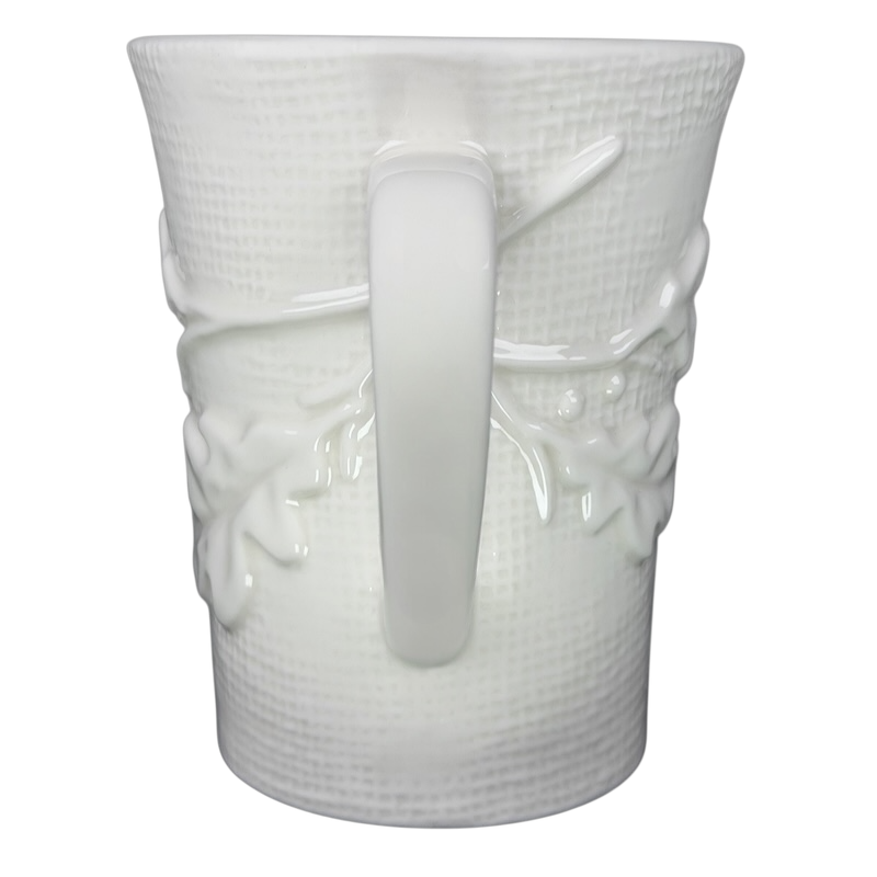 Starbucks burlap leaves acorns mug in white with textured design and detailed handle