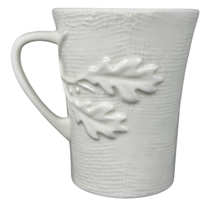 Starbucks burlap leaves acorns mug in white ceramic featuring textured details and leaf design