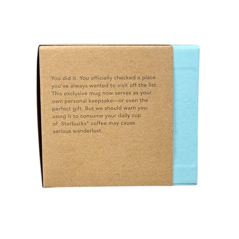 Brown cardboard packaging with text for collectible Starbucks mug New Mexico with a light blue accent