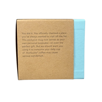 Brown cardboard packaging with text for collectible Starbucks mug New Mexico with a light blue accent