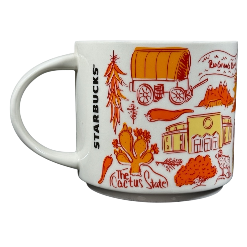 Collectible Starbucks mug New Mexico featuring orange southwestern illustrations and landmarks