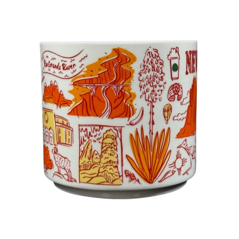 Collectible Starbucks mug New Mexico with orange and red illustrations of landmarks and nature