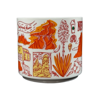 Collectible Starbucks mug New Mexico with orange and red illustrations of landmarks and nature