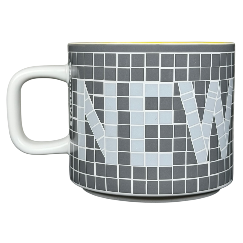 Collectible Starbucks subway tile mug featuring a modern design with the word NEW in light colors