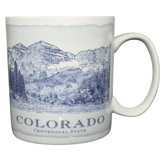 Starbucks Colorado Architect Series vintage mug featuring a scenic mountain landscape and the words 'Colorado Centennial State'