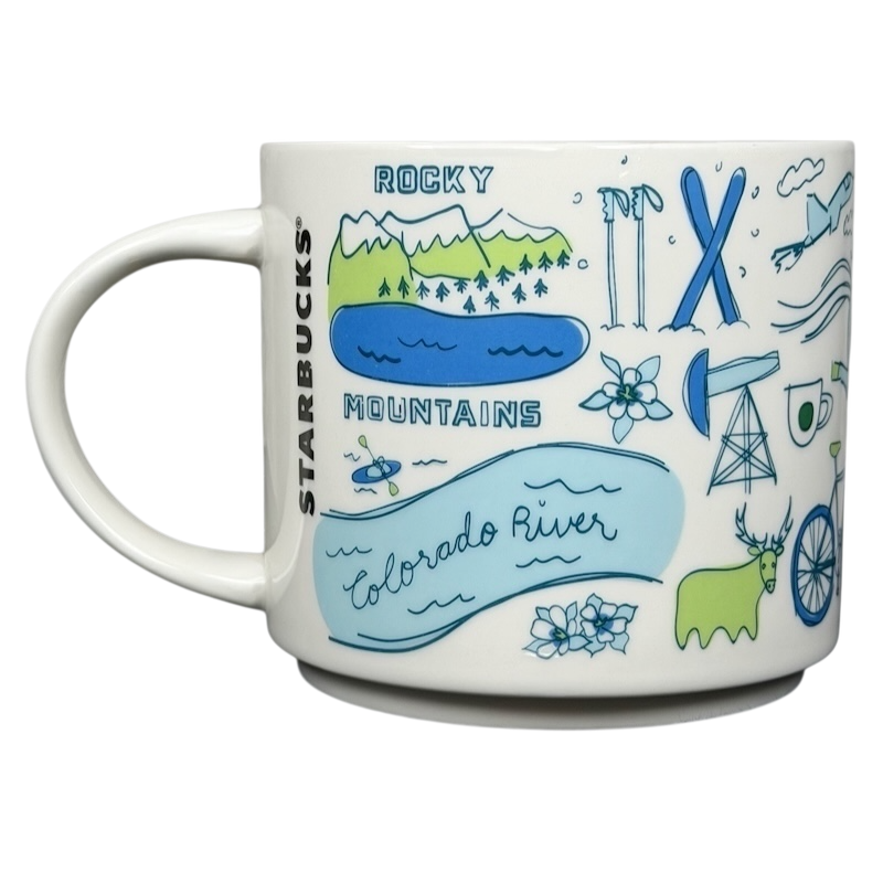 Starbucks Colorado Been There collectible mug featuring Rocky Mountains and Colorado River designs