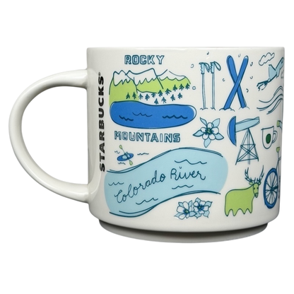 Starbucks Colorado Been There collectible mug featuring Rocky Mountains and Colorado River designs
