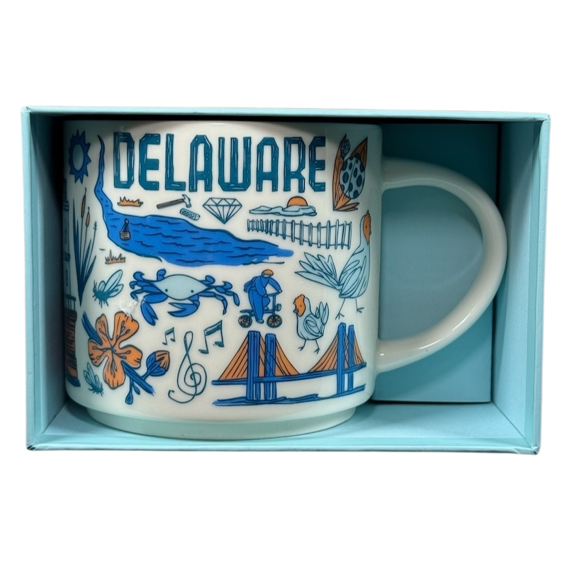 Starbucks Delaware Been There mug with blue and orange state-themed illustrations in light blue box