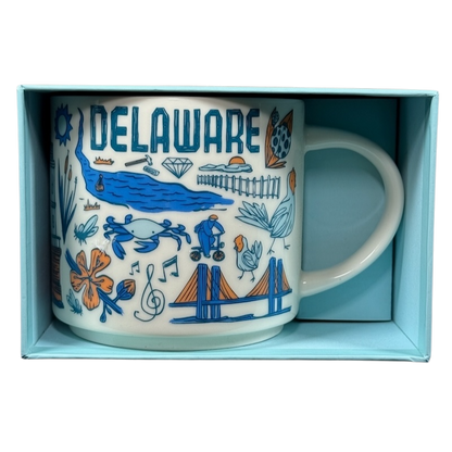 Starbucks Delaware Been There mug with blue and orange state-themed illustrations in light blue box