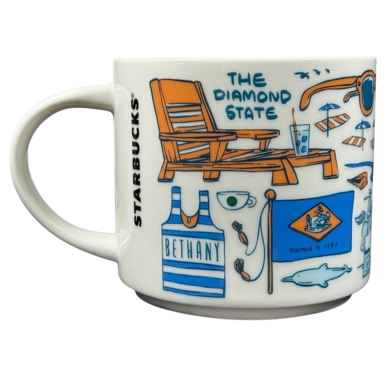 Starbucks Delaware Been There mug featuring state-themed illustrations and the Starbucks logo on the handle