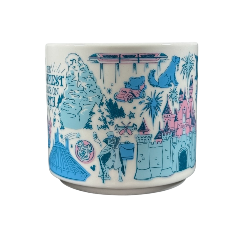 Disneyland Starbucks Been There Series mug featuring iconic Disneyland landmarks and characters in blue and pink design