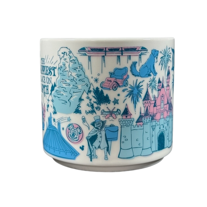 Disneyland Starbucks Been There Series mug featuring iconic Disneyland landmarks and characters in blue and pink design