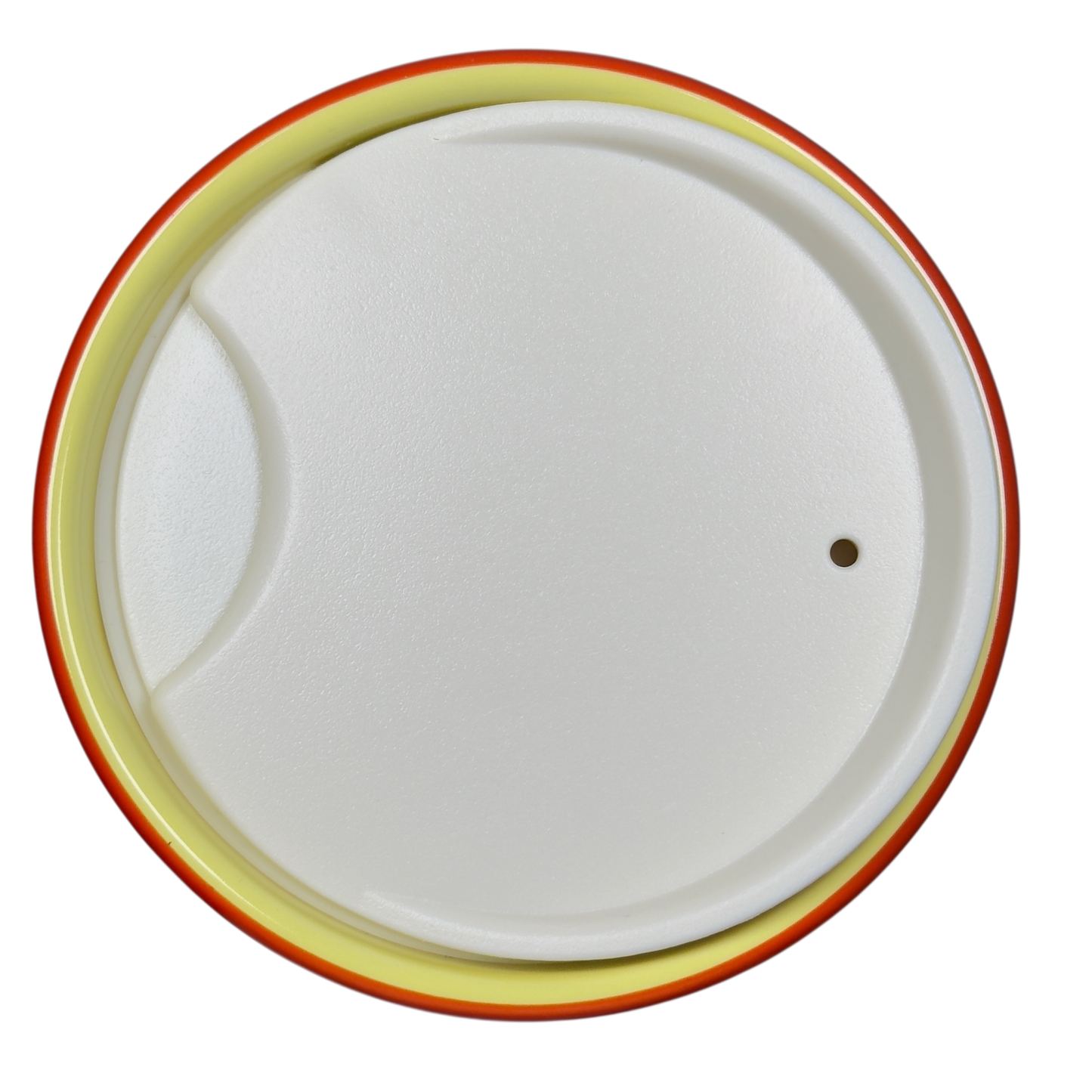 Close-up of white lid for Disneyland Minnie Mouse Starbucks tumbler with yellow and red rim