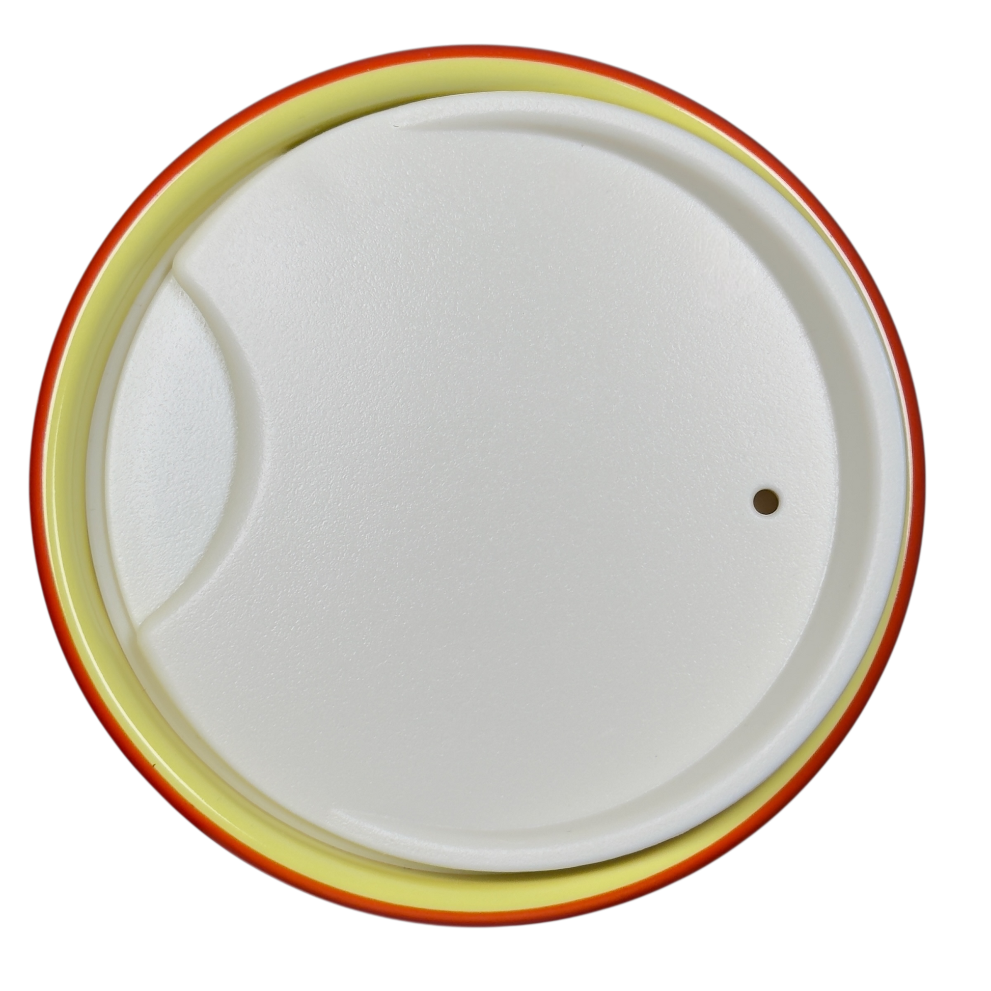 Close-up of white lid for Disneyland Minnie Mouse Starbucks tumbler with yellow and red rim
