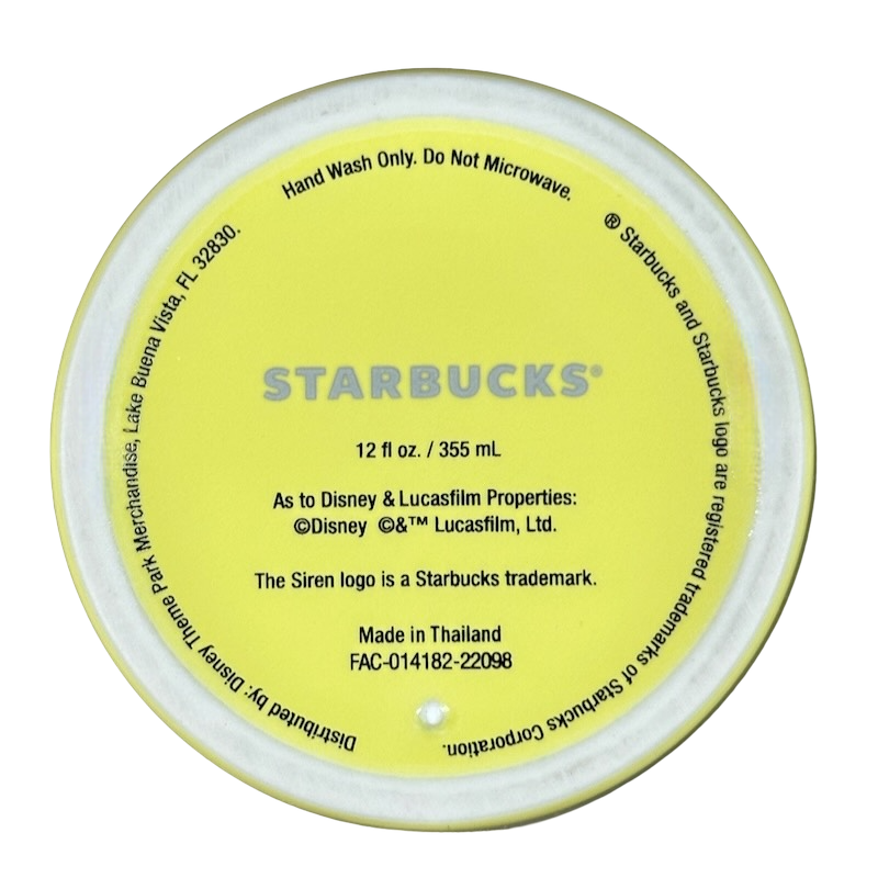 Bottom view of Disneyland Minnie Mouse Starbucks tumbler with product and trademark details