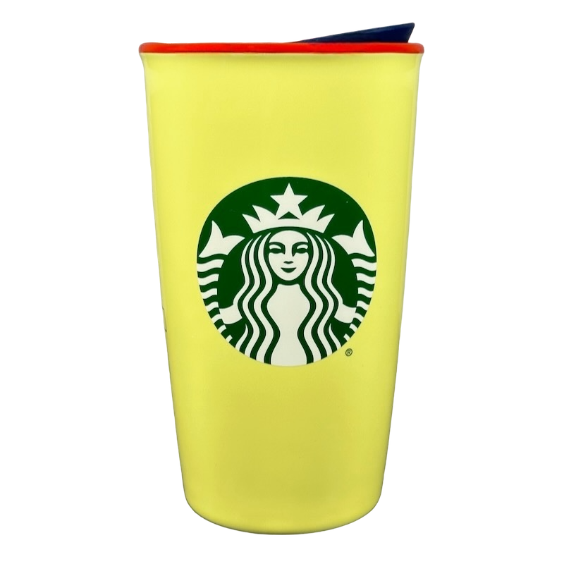 Yellow Starbucks tumbler with green logo Disneyland Minnie Mouse Starbucks tumbler with red and blue lid