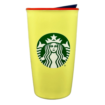 Yellow Starbucks tumbler with green logo Disneyland Minnie Mouse Starbucks tumbler with red and blue lid