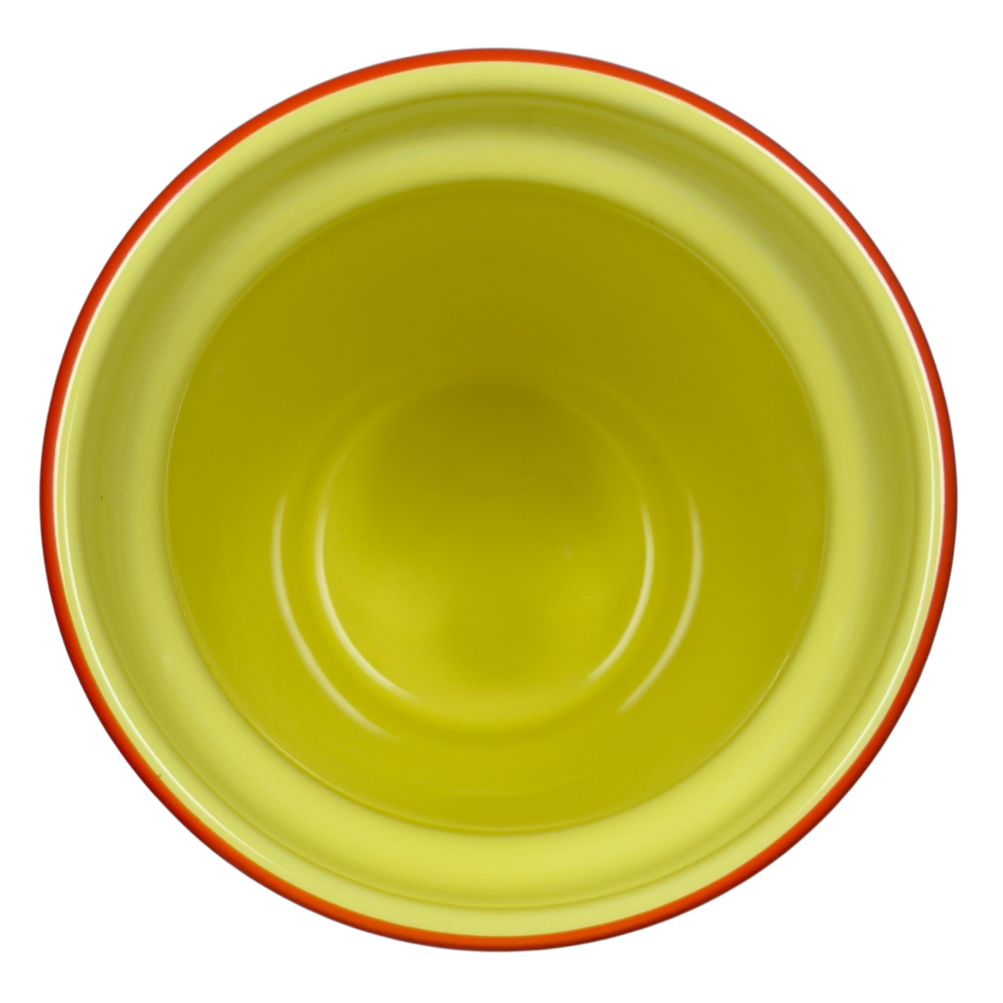 Top view of empty Disneyland Minnie Mouse Starbucks tumbler with yellow interior and orange rim