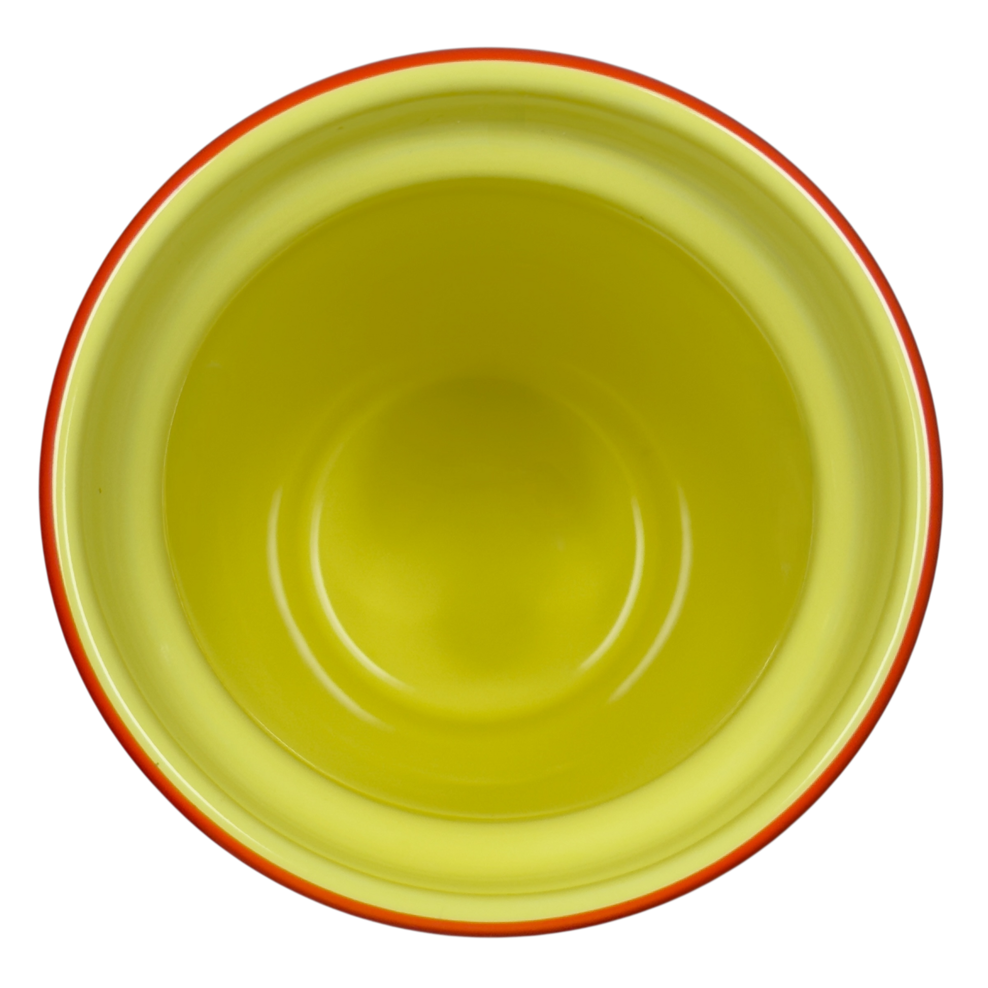 Top view of empty Disneyland Minnie Mouse Starbucks tumbler with yellow interior and orange rim