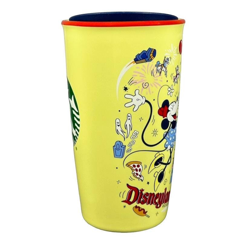 Disneyland Minnie Mouse Starbucks tumbler with yellow body and colorful cartoon design