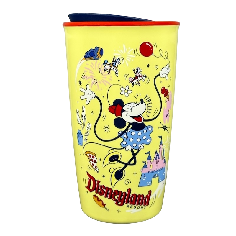 Disneyland Minnie Mouse Starbucks tumbler with yellow background featuring Minnie and Disneyland castle design