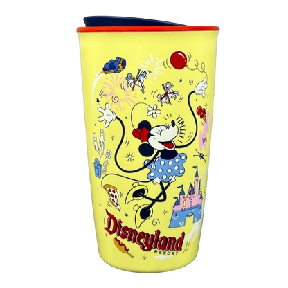 Disneyland Minnie Mouse Starbucks tumbler with yellow background featuring Minnie and Disneyland castle design