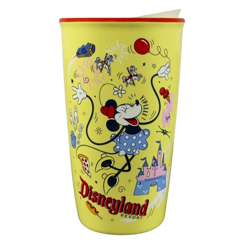 Disneyland Minnie Mouse Starbucks tumbler in yellow with colorful Disneyland resort illustrations