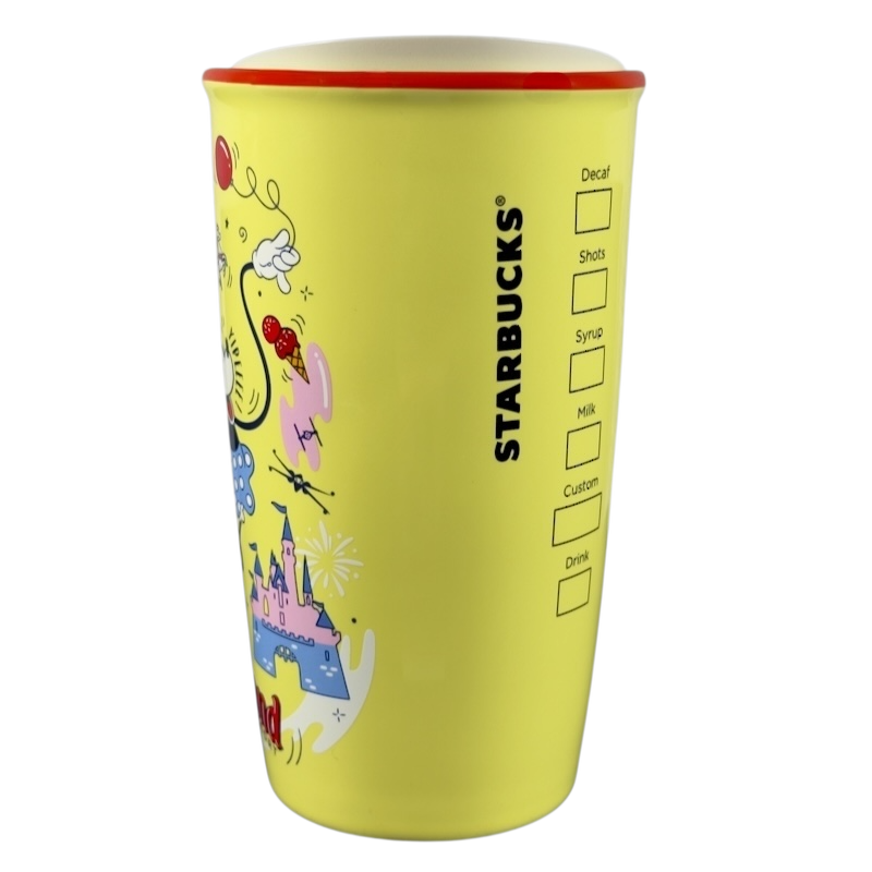 Yellow Disneyland Minnie Mouse Starbucks tumbler with castle and character design by Starbucks