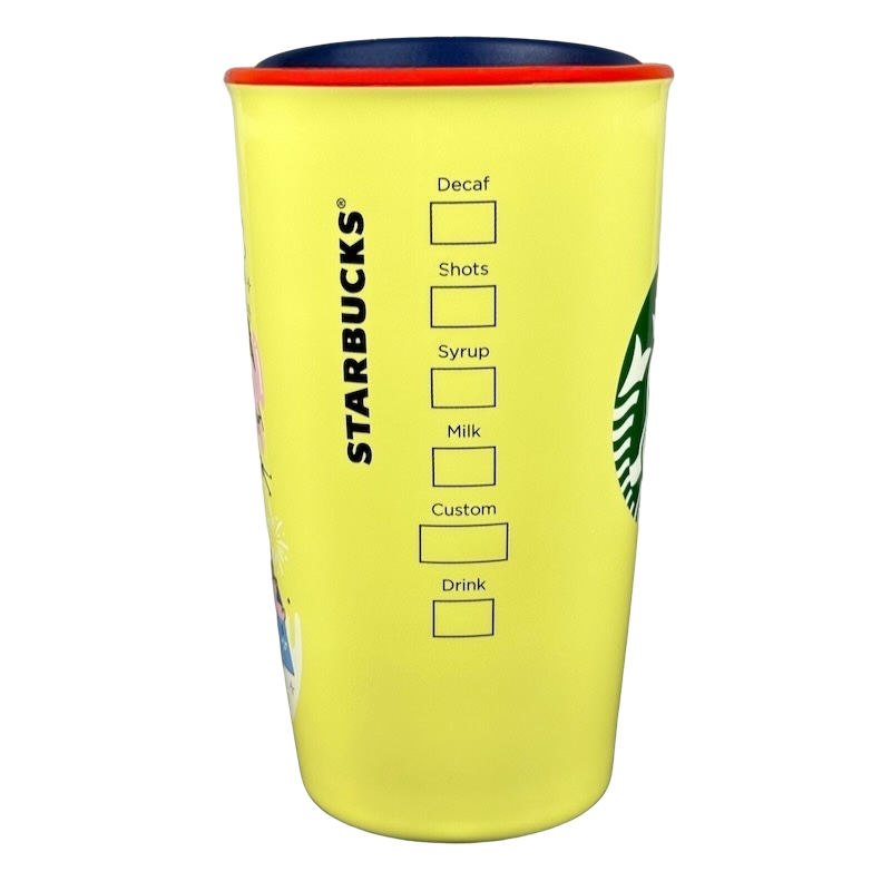 Yellow Disneyland Minnie Mouse Starbucks tumbler with black lid and Starbucks logo on side