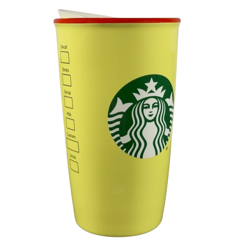 Yellow Starbucks tumbler with green logo and red rim Disneyland Minnie Mouse Starbucks tumbler