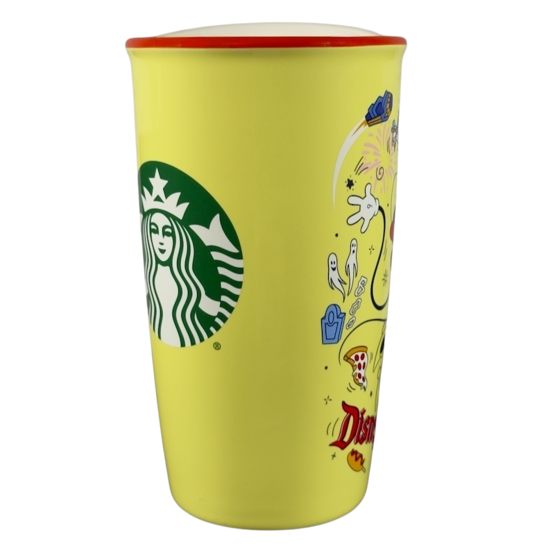 Yellow Disneyland Minnie Mouse Starbucks tumbler with red rim and green Starbucks logo