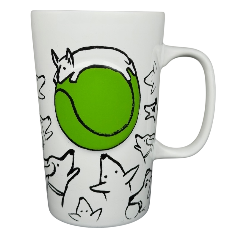 Starbucks dogs tennis ball collectible mug featuring playful dog illustrations and a bright green tennis ball design