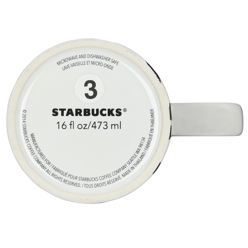 Bottom view of Starbucks Dot collection collectible Starbucks zebra mug with a 16 oz capacity
