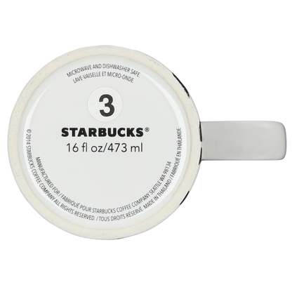 Bottom view of Starbucks Dot collection collectible Starbucks zebra mug with a 16 oz capacity