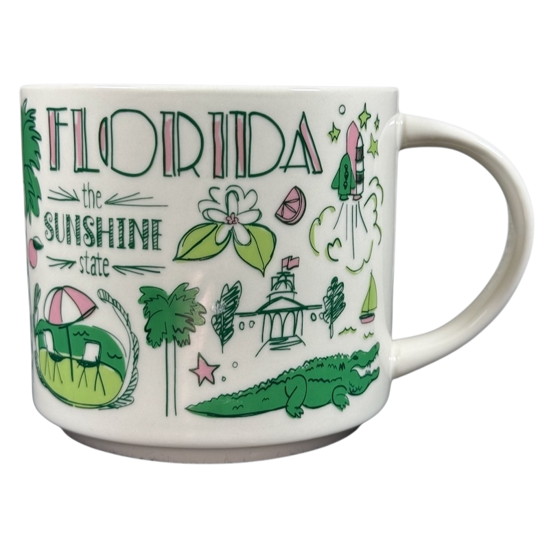Starbucks Florida Been There mug with colorful illustrations of Florida landmarks and symbols