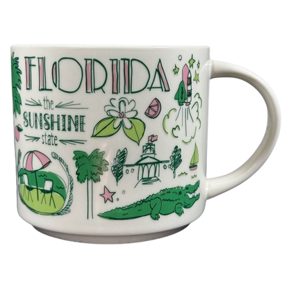 Starbucks Florida Been There mug with colorful illustrations of Florida landmarks and symbols
