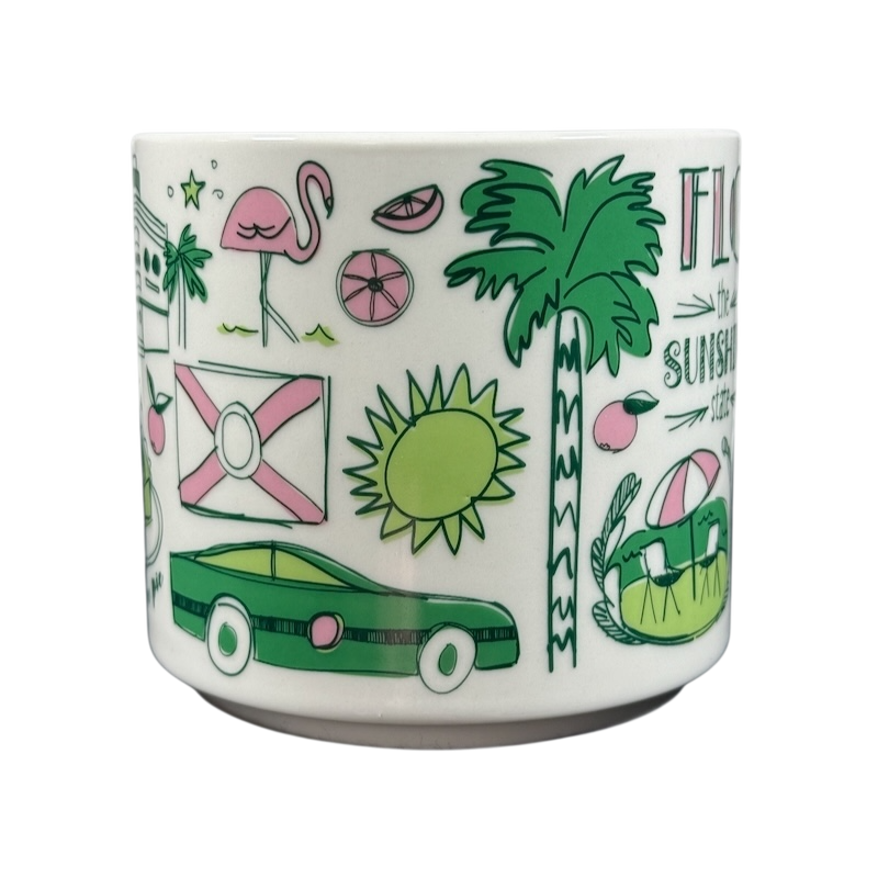 Starbucks Florida Been There mug with green car, palm tree, flamingo, and sun illustrations