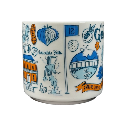 Starbucks Georgia Been There Series mug featuring illustrated landmarks and symbols in blue and orange