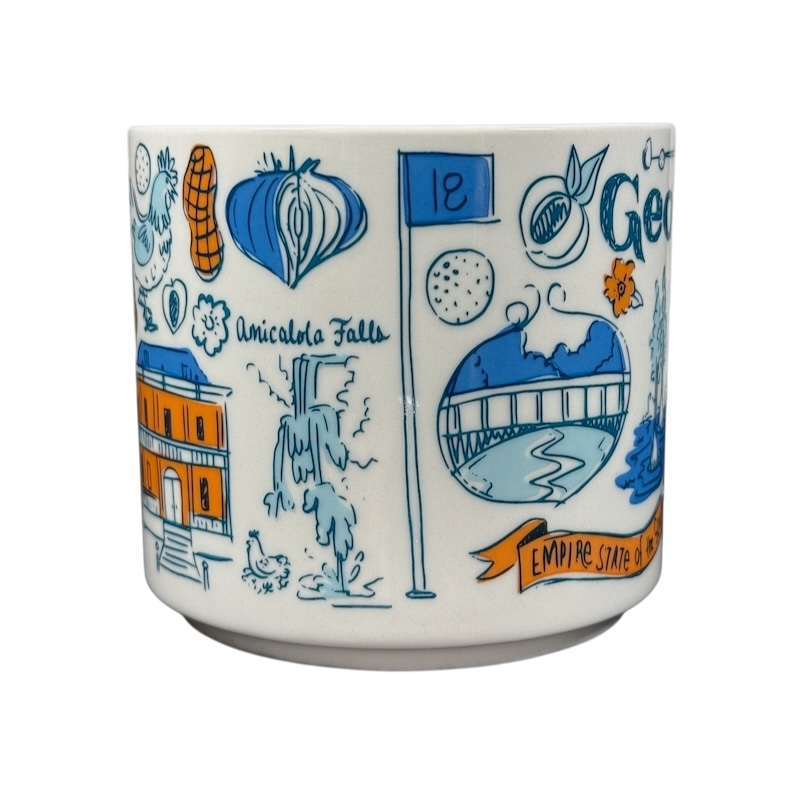 Starbucks Georgia Been There Series mug with blue and orange illustrations of Georgia landmarks and symbols