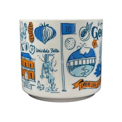 Starbucks Georgia Been There Series mug with blue and orange illustrations of Georgia landmarks and symbols